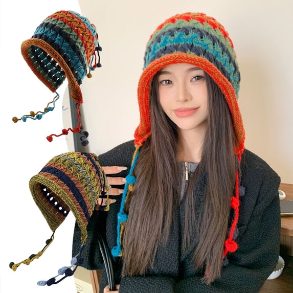 dianhelloya Women Winter Knitted Cap Plush Ball Decor Colorful Elastic Thick Hollow Out Soft Warm Anti-slip Regular Fit Ear Protection Lady Winter Hat Blue