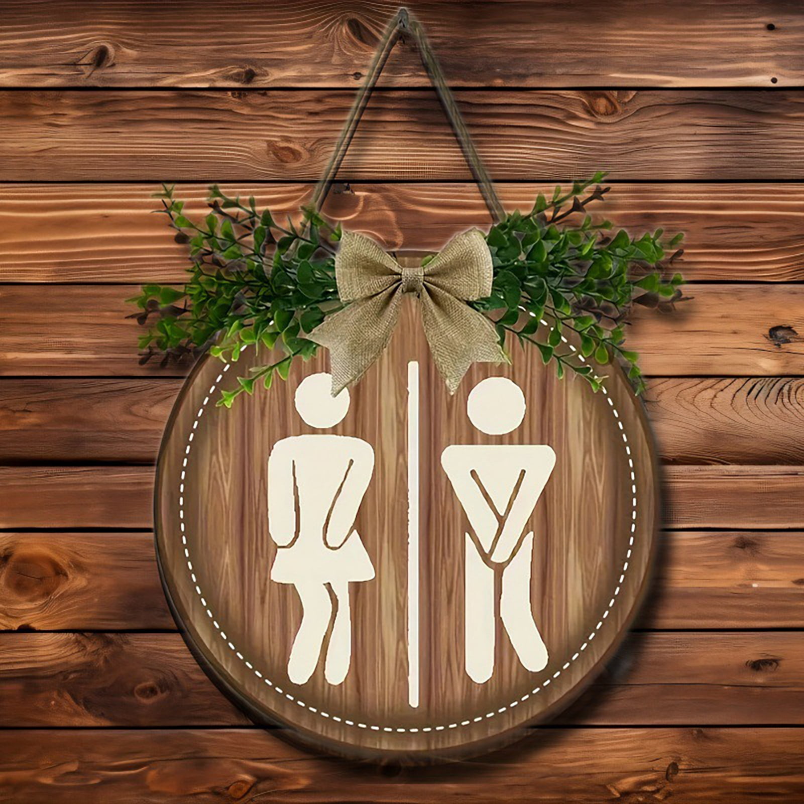 dianhelloya Wooden Toilet Sign Artificial Green Leaves Wall Decor