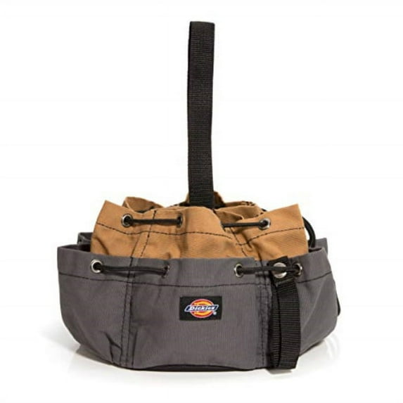 dickies work gear 12-pocket style 57004 grey/tan drawstring work tool bag construction snap-secured tape strap 8.8 oz