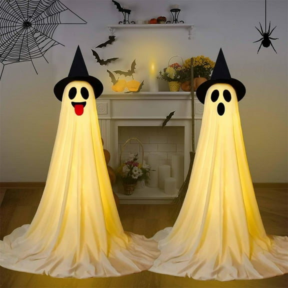 difdany 2 Packs Standing Light Up Ghosts with Remote Control String Lights, Telescopic Rod Frame Spooky Figures for Yard Porch Lawn, Spirit Halloween Party Decorations