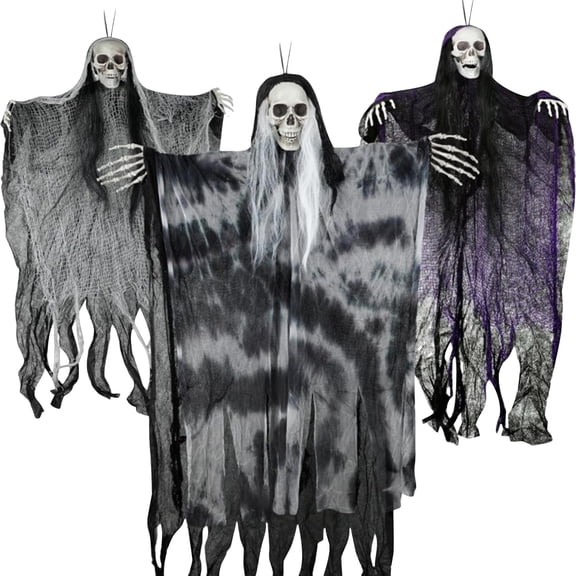 diffdany 3 Pack Hanging Halloween Decorations, 42.5 in Large & 31.4 in Small Flying Skeleton Grim Reapers, Floating Ghost props for Outdoor Halloween Decorations & Halloween Party
