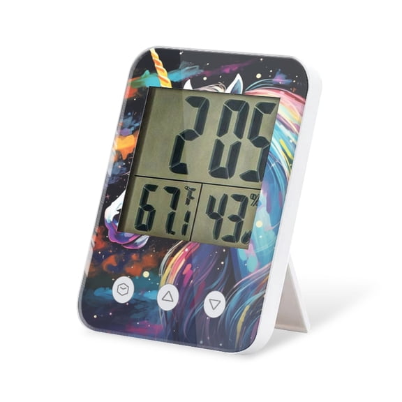 digital hygrometer indoor thermometer with High Accuracy Sensor LCD Display for Kitchen Baby Room Office-Colorful Rainbow Unicorn With Long Mane And Horn In Space