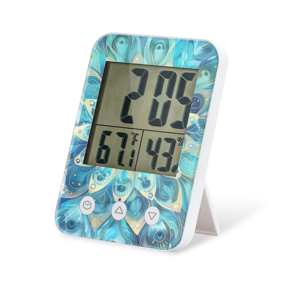 digital hygrometer indoor thermometer with High Accuracy Sensor LCD Display for Kitchen Baby Room Office-Mandala Of Peacock Feathers In Shades Of Blue And Gold