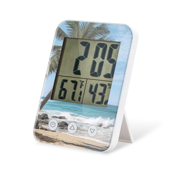 digital hygrometer indoor thermometer with High Accuracy Sensor LCD Display for Kitchen Baby Room Office-Rendering Of Palm Tree On Beach With Blue Sky And Ocean Waves