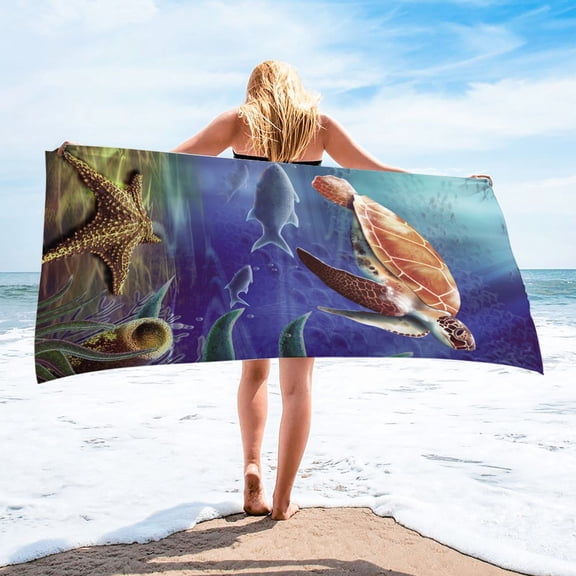 dinapents Oversized Square Beach Towel 75x150cm Oceanic Creatures Print Soft Microfiber, Quick-Drying & Sand-Resistant for Poolside Vacations