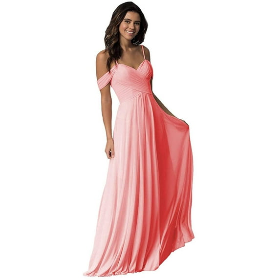 dinavian Women A-Line Off The Shoulder Floor-Length Chiffon With Ruffle Bridesmaid Wedding Dress