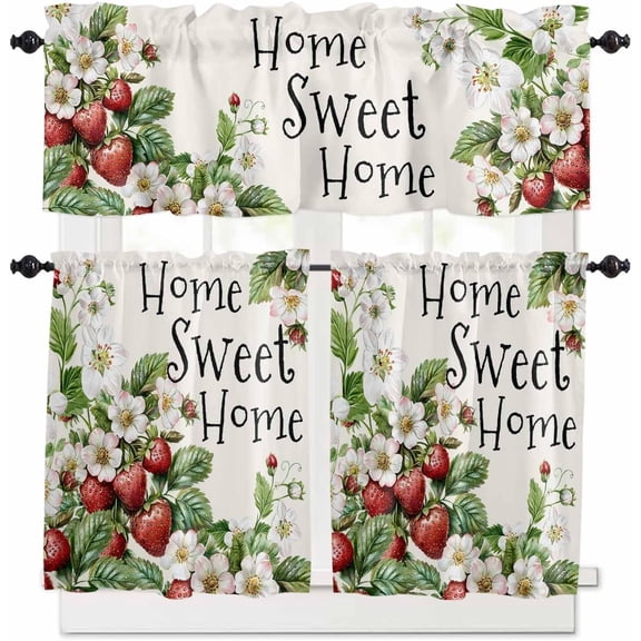 dinii 3 Piece Kitchen Curtains Tiers and Valances Set, Summer Strawberry Flower Rod Pocket Short Window Treatment Tiers Curtains Panel and Valance for Kitchen Cafe Bathroom Kid Room, Country Home