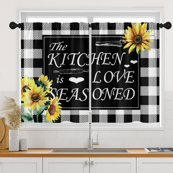 dinii Black White Buffalo Plaid Check Kitchen Curtains, Farmhouse Sunflower Short Window Drapes Set of 2, Window Treatment Tier Curtains for Kitchen Over Sink Bathroom Decor (26x36 Inch)