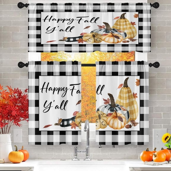 dinii Fall Checkered Pumpkin Kitchen Curtains with Valance and Tier Sets 36 Inch, 3 Pieces Thanksgiving Autumn Rod Pocket Drapes Window Treatment Curtains for Kitchen Over Sink Dining Room Decor