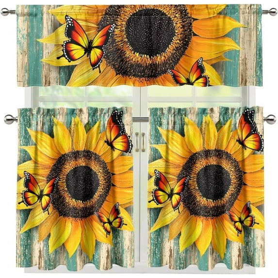 dinii Fall Kitchen Curtain and Valance Set Yellow Sunflower Thanksgiving Cafe Bar Window Curtains Bright Floral Light Filtering 24" Length Tier and Valance for Farmhouse Country 3 Pcs Window Curtain