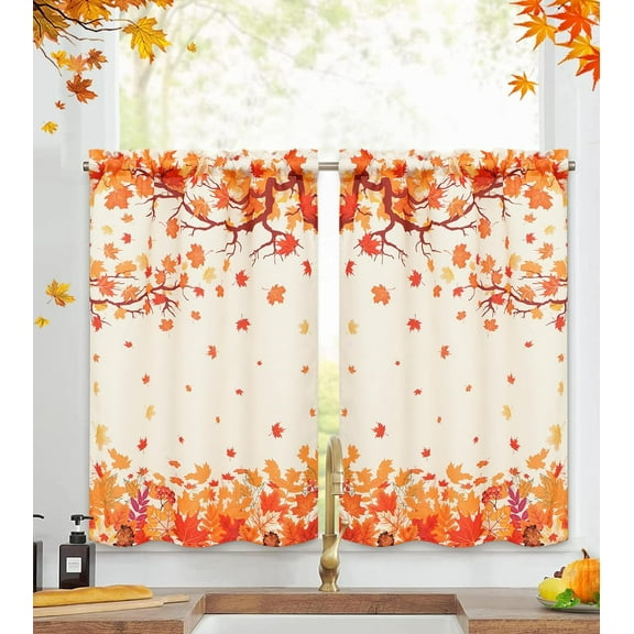 dinii Fall Kitchen Curtains Thanksgiving Tier Curtains 36 Inch Curtains for Windows Maple Leaves Small Window Curtains Rod Pocket Short Curtain for Kitchen Window, 26" W x 36" L, 1 Panel