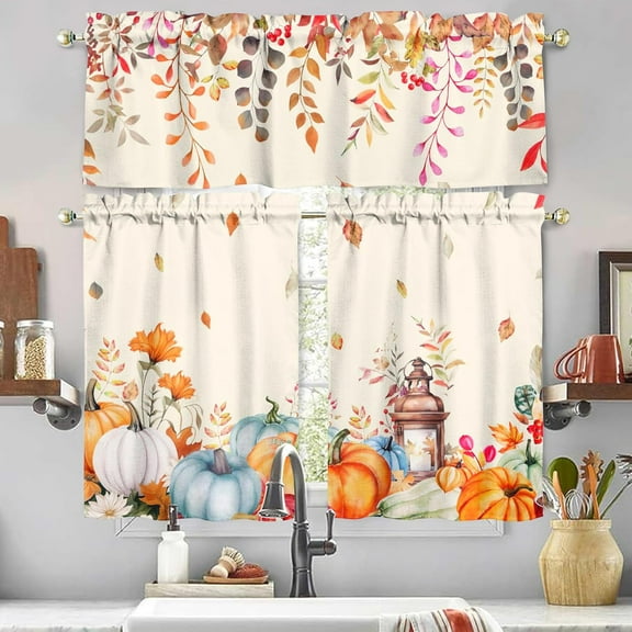 dinii Fall Kitchen Curtains and Valance Set of 3, Autumn Pumpkin Kitchen Window Tier Curtains Floral Eucalyptus Leaves Farmhouse Window Valances Rod Pocket Panels for Fall Home Decor