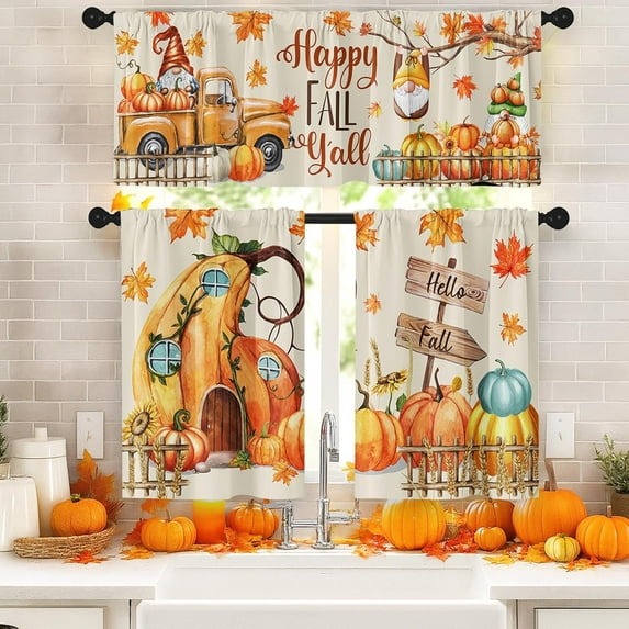 dinii Fall Kitchen Window Curtains and Valances Set 36 Inch, Farmhouse Truck Pumpkins House Gnomes Vintage Short Tier Curtain for Cafe Living Room Bathroom, Autumn 3 Pieces Set Kitchen Decor