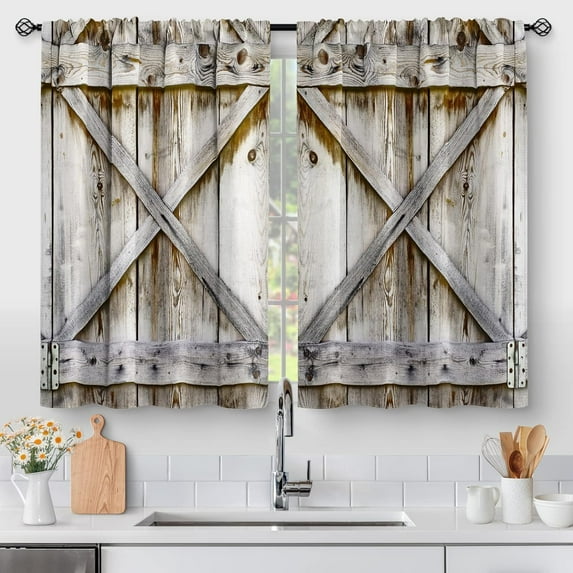 dinii Farmhouse Country Wood Kitchen Curtains - Wooden Barn Door Vintage Short Tier Curtains Over Sink Natural Rustic Farm Decor Rod Pocket Window Drapes 36 Inch Length 2 Panel Set, 28"x36"