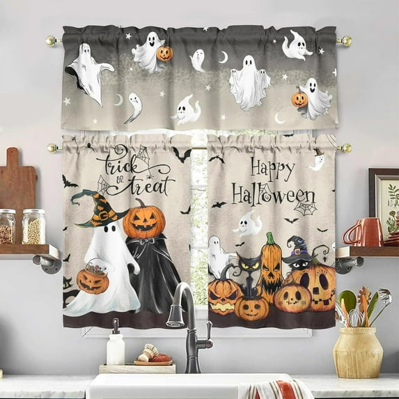 dinii Halloween Kitchen Curtains and Valance Set of 3, Ghost Pumpkin Kitchen Window Tier Curtains Farmhouse Window Valances Rod Pocket Panels for Halloween Home Decor