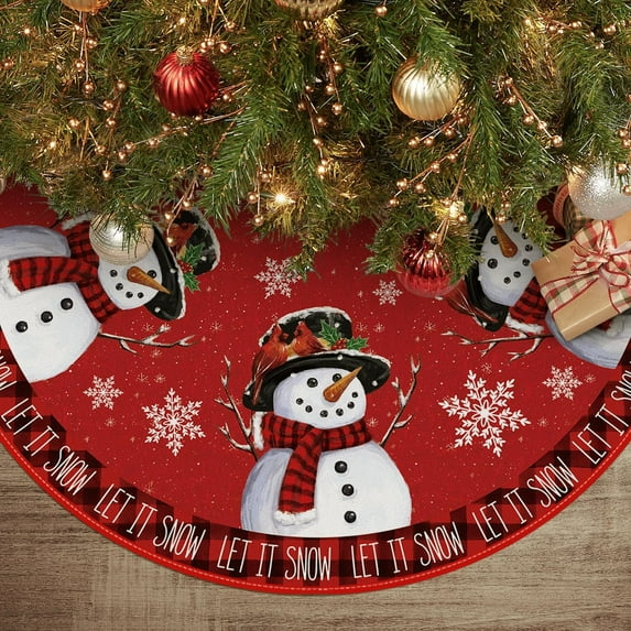 dinii Let It Snow Snowman Christmas Tree Skirt, Xmas Winter Holiday Party Tree Mat Indoor Outdoor Decoration 36 Inch