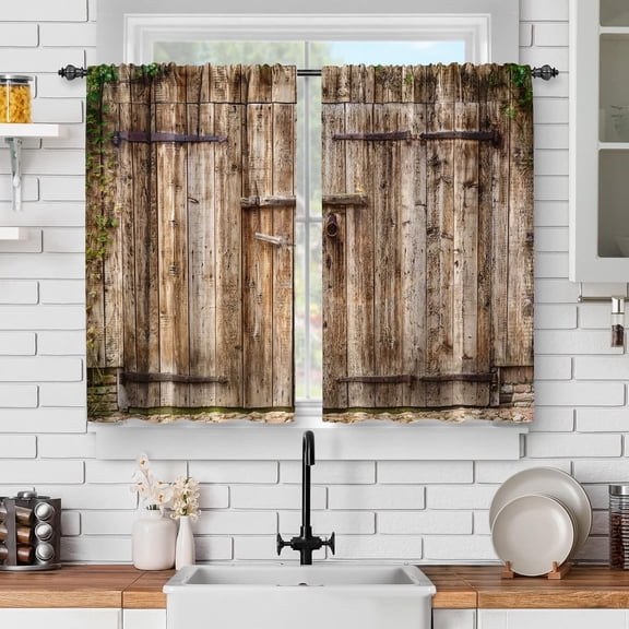 dinii Sunflower Floral Kitchen Curtains - Flowers Butterfly Short Curtains Old Rustic Wood Barn Door Farmhouse Decor for Home Dining Living Room Rod Pocket Window Drapes 2 Panels Set, 28"x36"