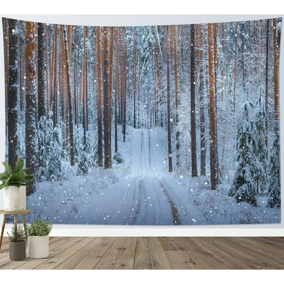 dinii Winter Forest Tapestry, Christmas Brown and Green Pine Tree with Snowflake Wall Tapestry for Bedroom, Winter Snow Scene Wall Art for Living Room Home Decor, 60L x 80W Inches