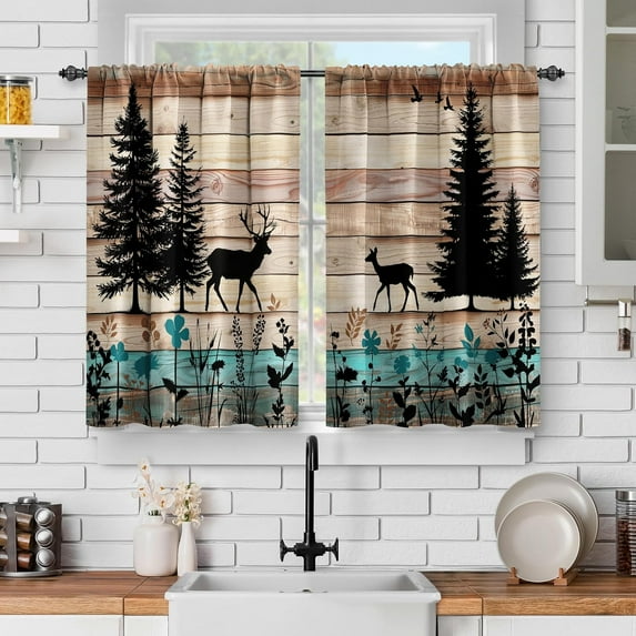 dinii Wooden Barn Door Kitchen Curtains: Farmhouse Vintage Plank Striped Short Cafe Curtains Decor for Living Room Tier Curtains for Bathroom Rod Pocket Window Drapes 36 Inch Length 2 Panels Set