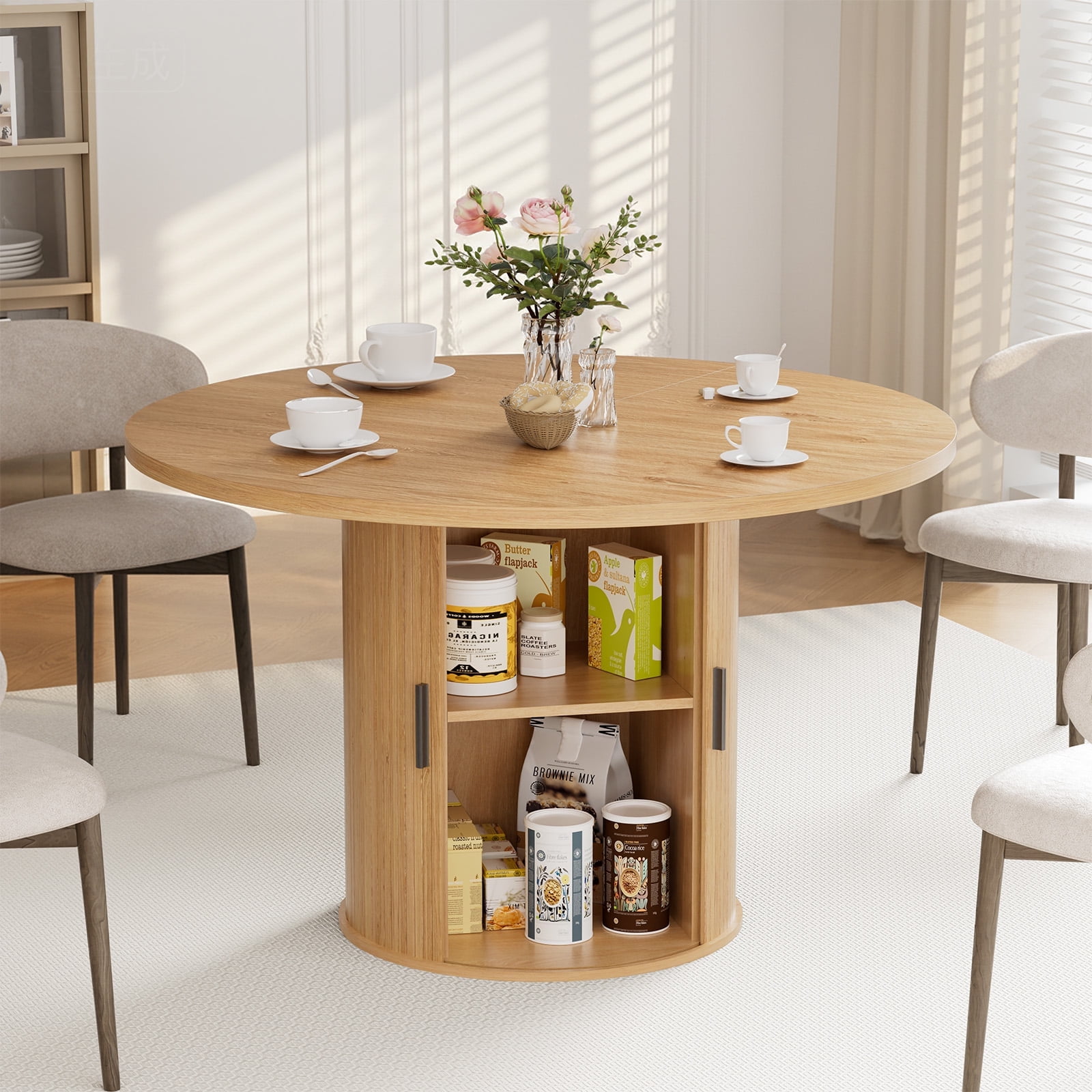 Hommpa 48" Round Dining Table with Storage,Morden Kitchen Table Wood for 4 with 2-Layer Storage Shelves and Wood Slide Door for Kitchen Living Room,Heavy Duty Pedestal Base,Natural