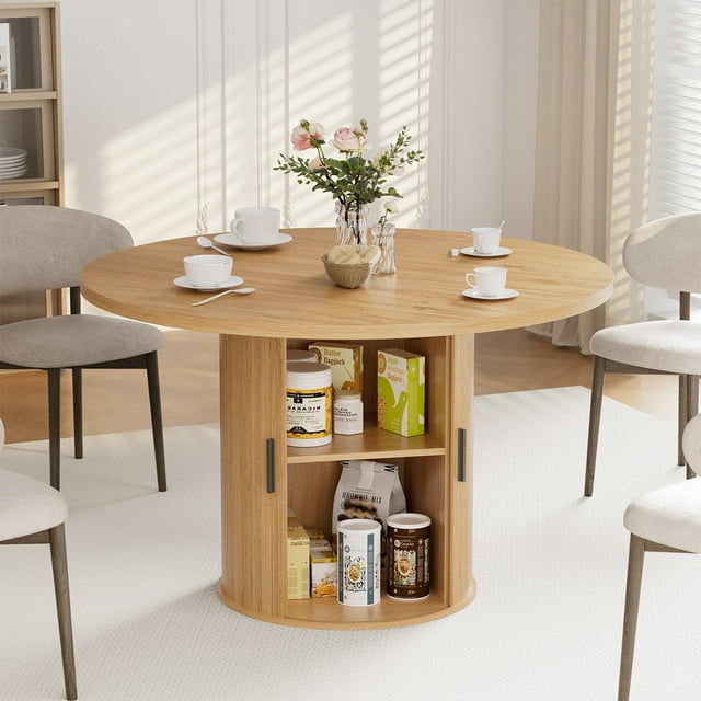Hommpa 48" Round Dining Table with Storage,Morden Kitchen Table Wood for 4 with 2-Layer Storage Shelves and Wood Slide Door for Kitchen Living Room,Heavy Duty Pedestal Base,Natural