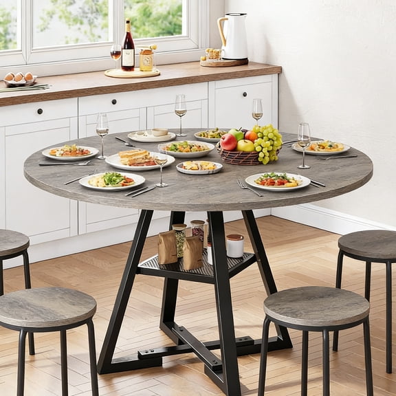 Behome 42” Round Dining Table for 4-6,Wooden Kitchen Table with Storage Shelf,Farmhouse Circle Kitchen Tables for Dining Room, Kitchen, Living Room