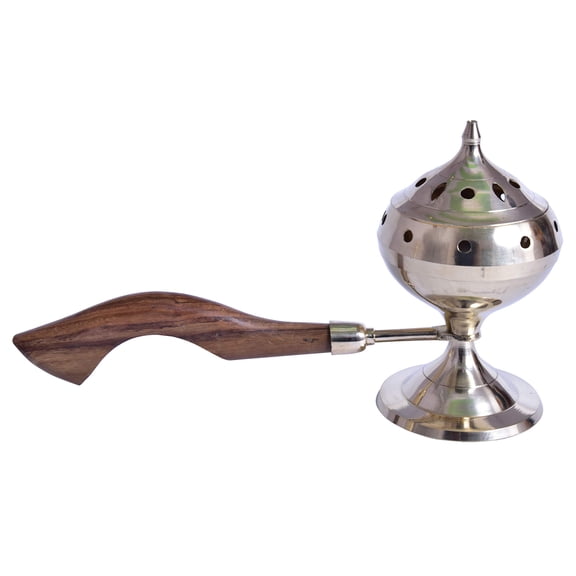diollo 4.8 Inch Brass Incense Burner with Long Wooden Handle Dhoop Pot Loban Burner Dhooni Dhoop Dani Dhuni