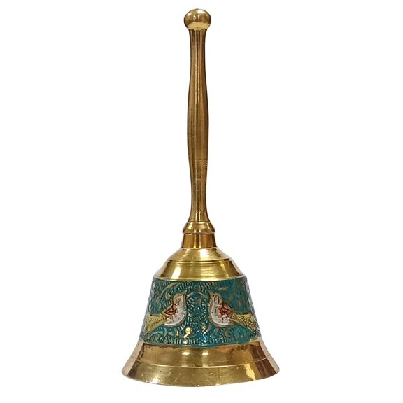 diollo Brass Hand Bell School Bell Call Service Bell with Meenakari Work Prayer Bell 6 Inche Approx.