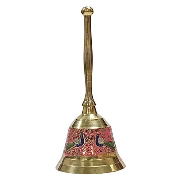 diollo Brass Hand Bell School Bell Call Service Bell with Meenakari Work Prayer Bell 6 Inche Approx.