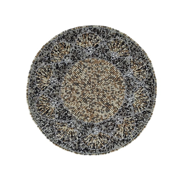 diollo Handcrafted Beautiful Beaded Placemat, Tablemat, Decorative Placemat for Dining Table, Beige with Brown Mat, Round, Measures Approx 14 x 14 x 0.25 Inches