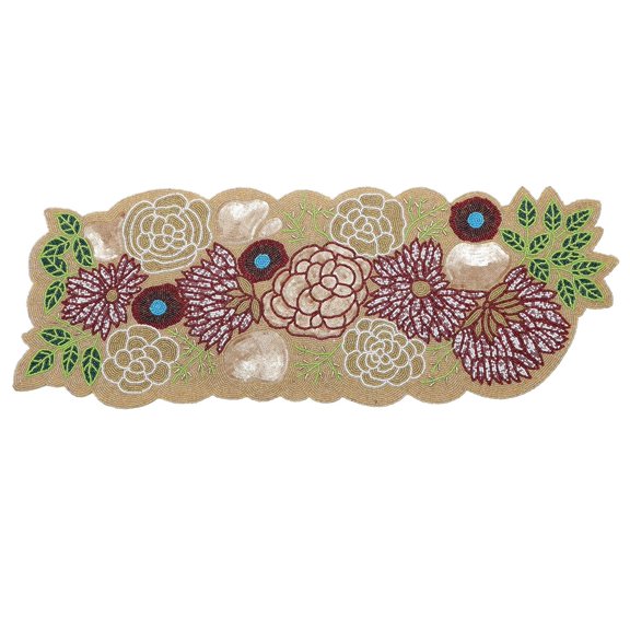 diollo Handcrafted Beautiful Beaded Placemat, Tablemat, Decorative Placemat for Dining Table, Beige with Golden Flower, Rectangle, Measures Approx 12 x 35 x 0.25 Inches
