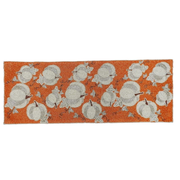 diollo Handcrafted Beautiful Beaded Placemat, Tablemat, Decorative Placemat for Dining Table, Orange with White Pumpkin, Rectangle, Measures Approx 12 x 35 x 0.25 Inches