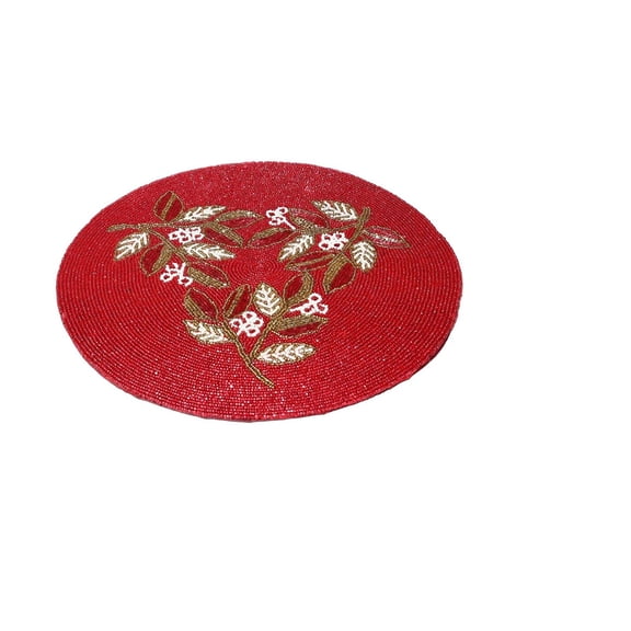 diollo Handcrafted Beautiful Beaded Placemat, Tablemat, Decorative Placemat for Dining Table, Red and Cream Flower, Rectangle, Measures Approx 14 x 14 x 0.25 Inches