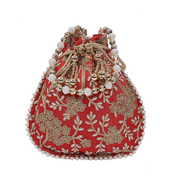 diollo Red Silk Embroidered Women Potli Bag Handle With Intricate Gold Thread & Sequin