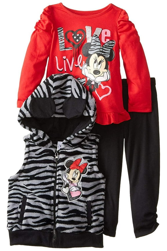 Little Girls' minnie mouse 3 piece zebra print faux fur vest set, chinese red, 6x
