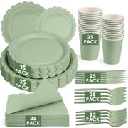 Inadays 175Pcs Disposable Party Supplies Includes Green Paper Plates Cup Napkins Forks Spoons Knives, Dinnerware Set for Garden Party Birthday BBQ Baby Shower Wedding, Serve 25 Guests
