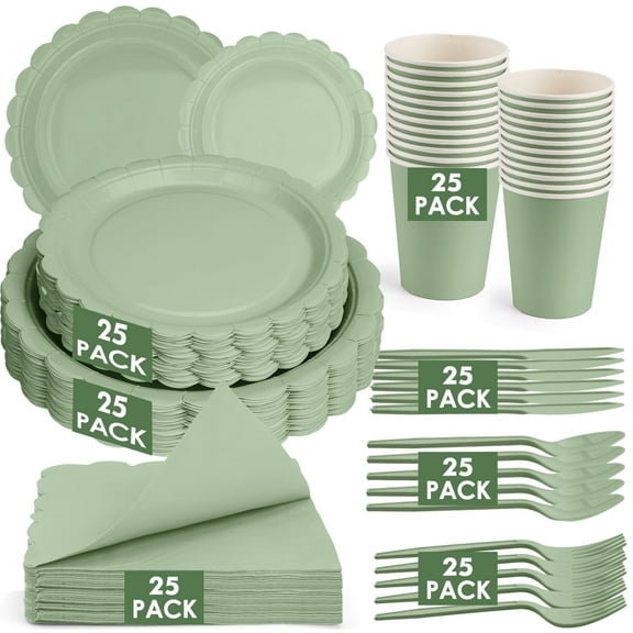 Inadays 175Pcs Disposable Party Supplies Includes Green Paper Plates Cup Napkins Forks Spoons Knives, Dinnerware Set for Garden Party Birthday BBQ Baby Shower Wedding, Serve 25 Guests