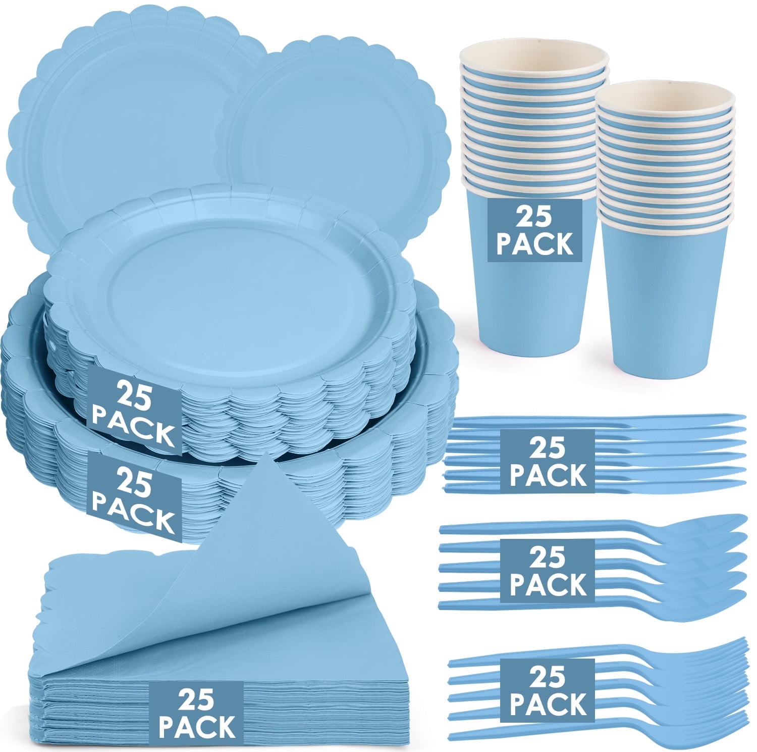 Inadays 175Pcs Disposable Party Supplies Includes Blue Paper Plates Cup Napkins Forks Spoons Knives, Dinnerware Set for Garden Party Birthday BBQ Baby Shower Wedding, Serve 25 Guests