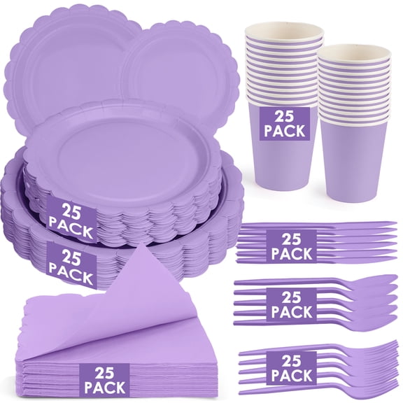 Inadays 175Pcs Disposable Party Supplies Includes Purple Paper Plates Cup Napkins Forks Spoons Knives, Dinnerware Set for Garden Party Birthday BBQ Baby Shower Wedding, Serve 25 Guests