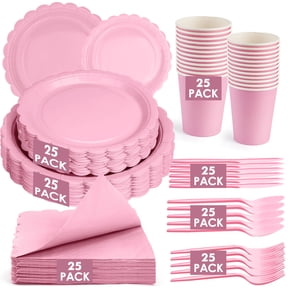 Inadays 175Pcs Disposable Party Supplies Includes Pink Paper Plates Cup Napkins Forks Spoons Knives, Dinnerware Set for Garden Party Birthday BBQ Baby Shower Wedding, Serve 25 Guests