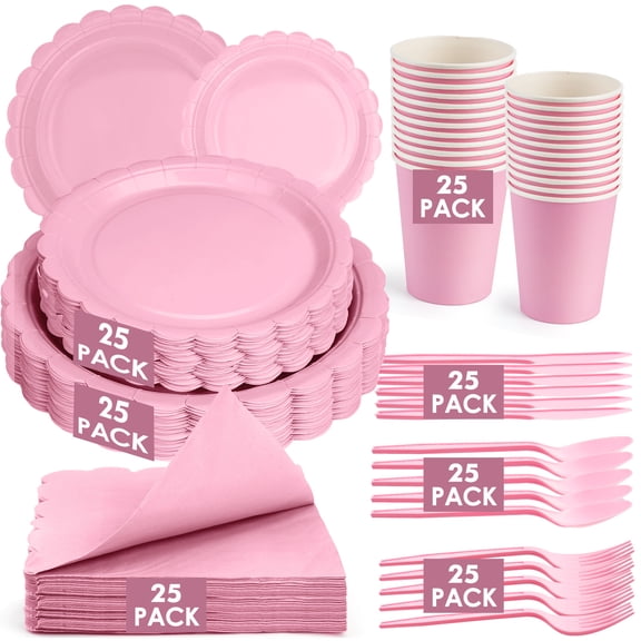 Inadays 175Pcs Disposable Party Supplies Includes Pink Paper Plates Cup Napkins Forks Spoons Knives, Dinnerware Set for Garden Party Birthday BBQ Baby Shower Wedding, Serve 25 Guests