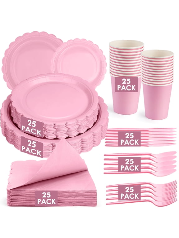 175Pcs Disposable Party Supplies Includes Pink Paper Plates Cup Napkins Forks Spoons Knives, Dinnerware Set for Garden Party Birthday BBQ Baby Shower Wedding, Serve 25 Guests