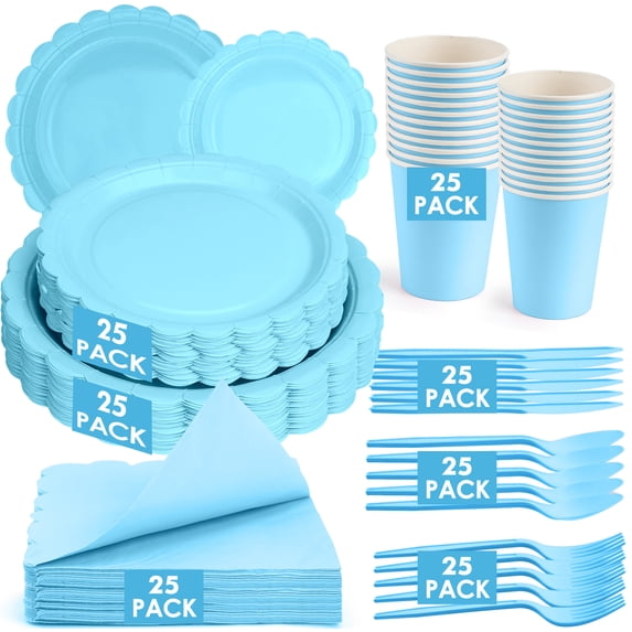 Inadays 175Pcs Disposable Party Supplies Includes Blue Paper Plates Cup Napkins Forks Spoons Knives, Dinnerware Set for Garden Party Birthday BBQ Baby Shower Wedding, Serve 25 Guests