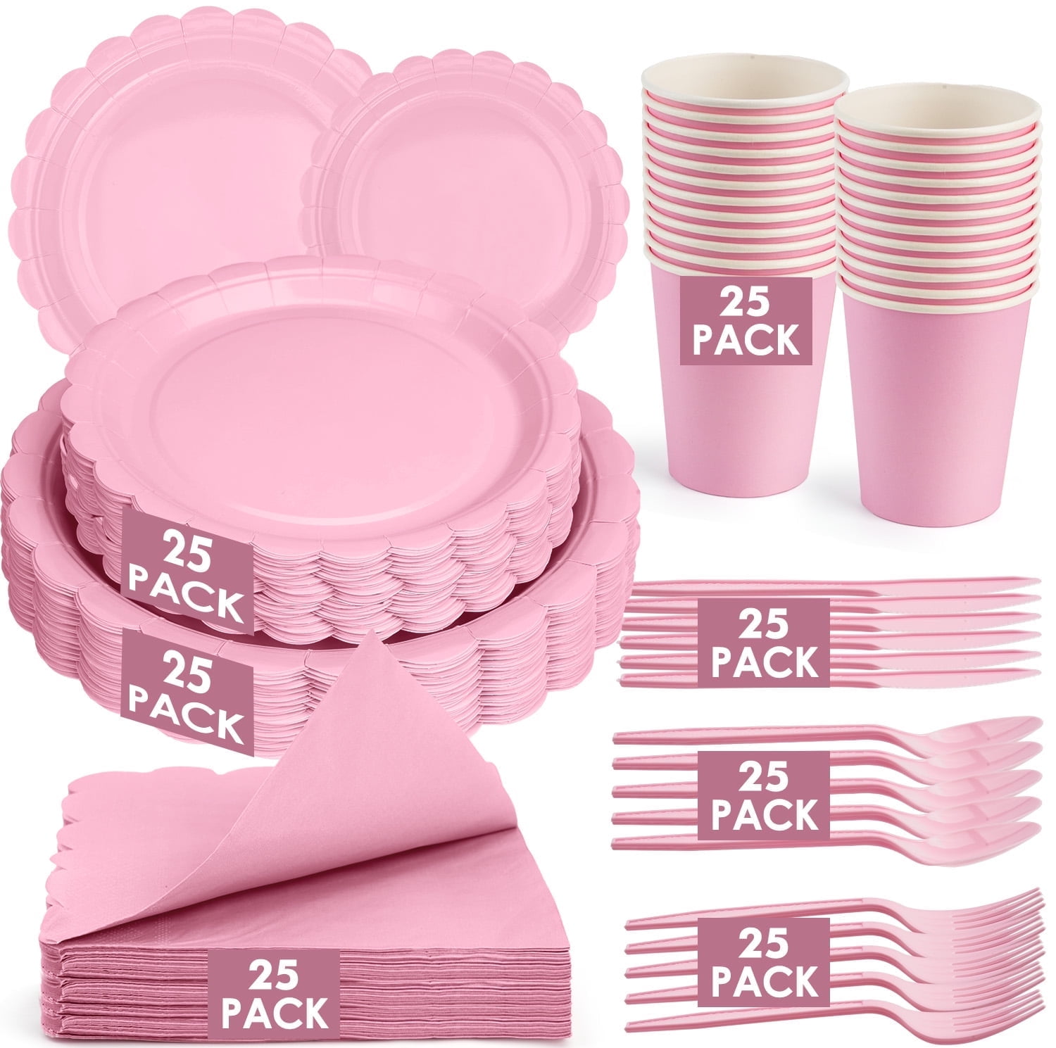 Inadays 175Pcs Disposable Party Supplies Includes Pink Paper Plates Cup Napkins Forks Spoons Knives, Dinnerware Set for Garden Party Birthday BBQ Baby Shower Wedding, Serve 25 Guests