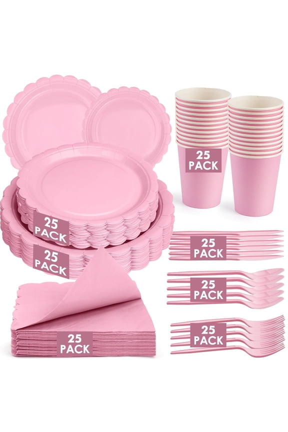 175Pcs Disposable Party Supplies Includes Pink Paper Plates Cup Napkins Forks Spoons Knives, Dinnerware Set for Garden Party Birthday BBQ Baby Shower Wedding, Serve 25 Guests