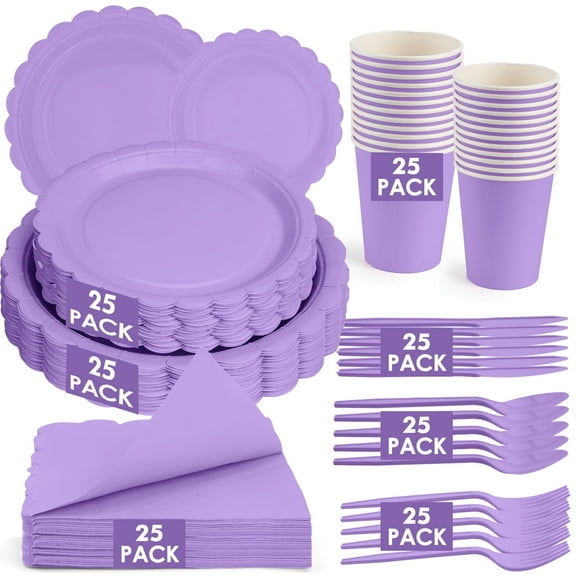 Inadays 175Pcs Disposable Party Supplies Includes Purple Paper Plates Cup Napkins Forks Spoons Knives, Dinnerware Set for Garden Party Birthday BBQ Baby Shower Wedding, Serve 25 Guests