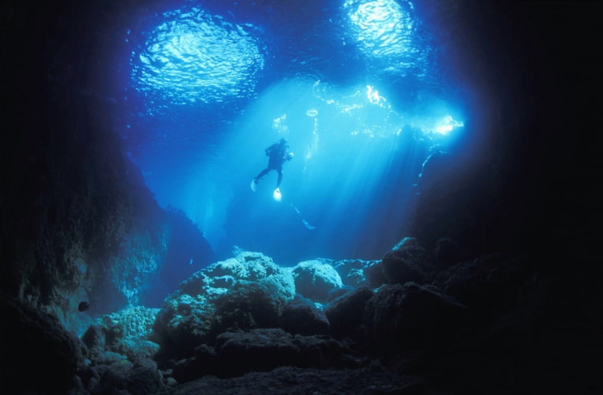 A diver hovers inside the archway as late afternoon sun streams in Blue Maomao Arch Poor Knights Islands New Zealand Canvas Art - Alex Misiewicz Design Pics (19 x 12)