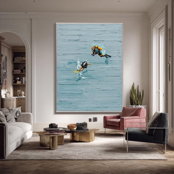 diving diving wall art swimming blue abstract art diving swimming handmade wall art thick texture tiny figures Poster Decor, Unframed Poster Size 12x18 F03.1.22l743