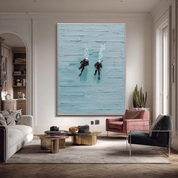 diving diving wall art swimming blue abstract art diving swimming handmade wall art thick texture tiny figures Poster Decor, Unframed Poster Size 24x36 F03.1.22l835