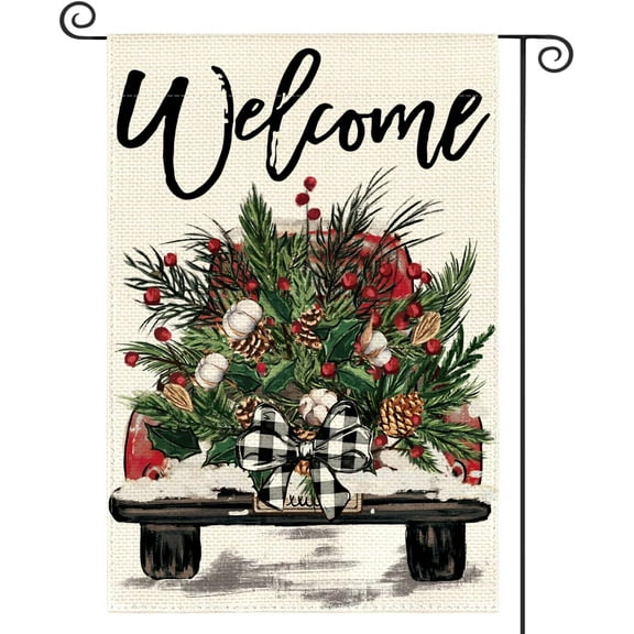 diyeu Christmas Garden Flag 12x18 Inch Double Sided Outside, Winter Holiday Truck Rustic Yard Outdoor Flag